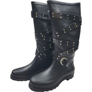 NIB Chooka Rocker Black Knee High Studded Combat Boots Straps US 7 Punk Goth